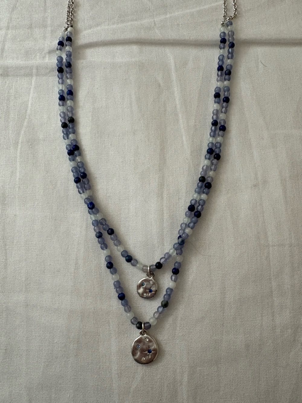 Delicate Blue Beaded Double-Strand Necklace with Silver Star Discs - Picture 2 of 3